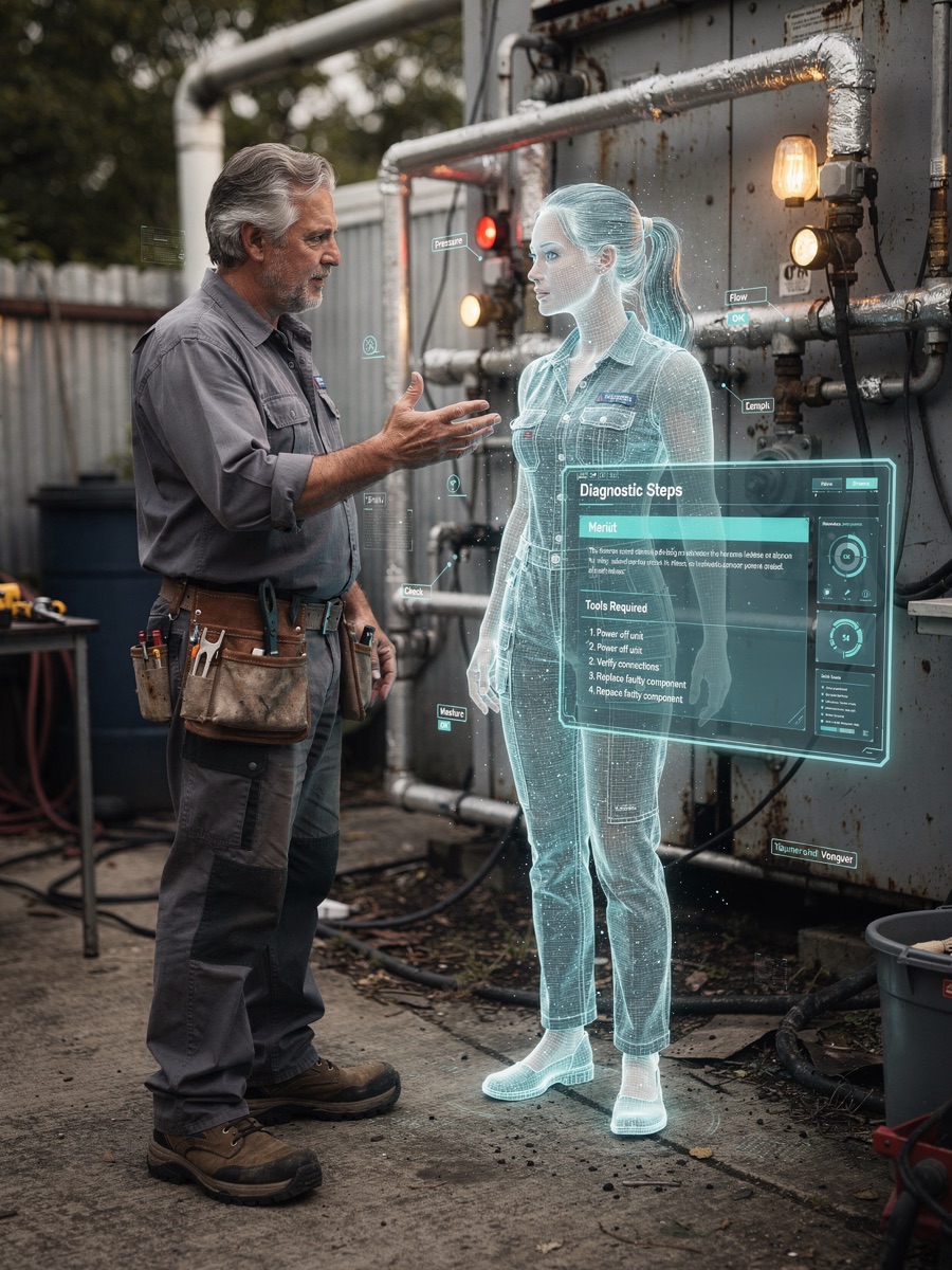 A veteran field technician explains a repair while a translucent holographic JARVIS coworker captures his know-how into a structured procedure on a floating screen