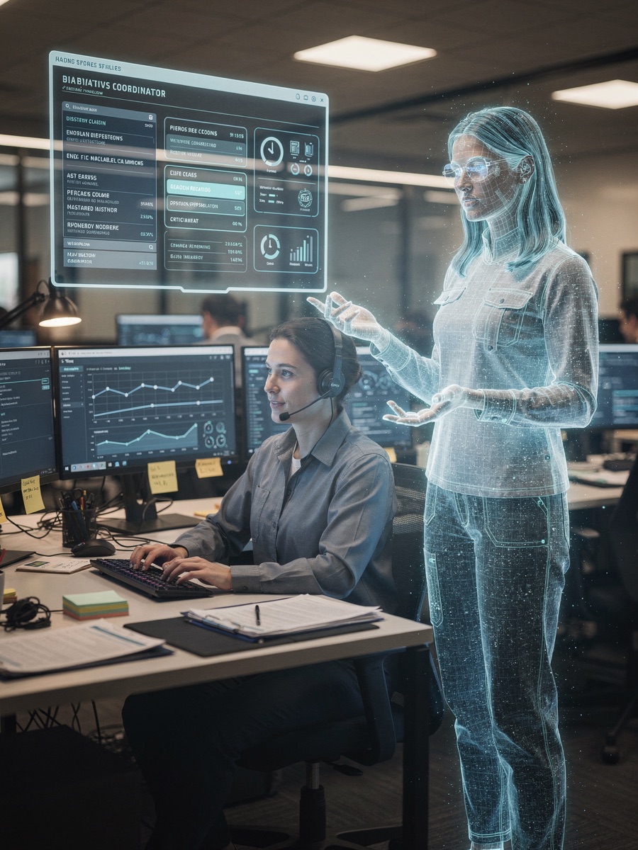 A translucent holographic JARVIS coworker beside a dispatch and claims coordinator at a desk of monitors, a floating case-and-policy screen