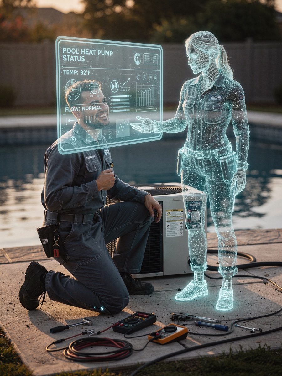 A translucent holographic JARVIS coworker in coveralls beside a service technician at a pool heat pump, a floating diagnostic screen