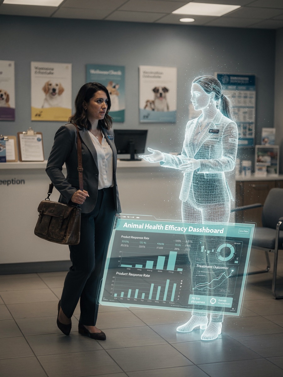 A translucent holographic JARVIS coworker in a blazer walking beside a field sales rep into a call, a floating data chart