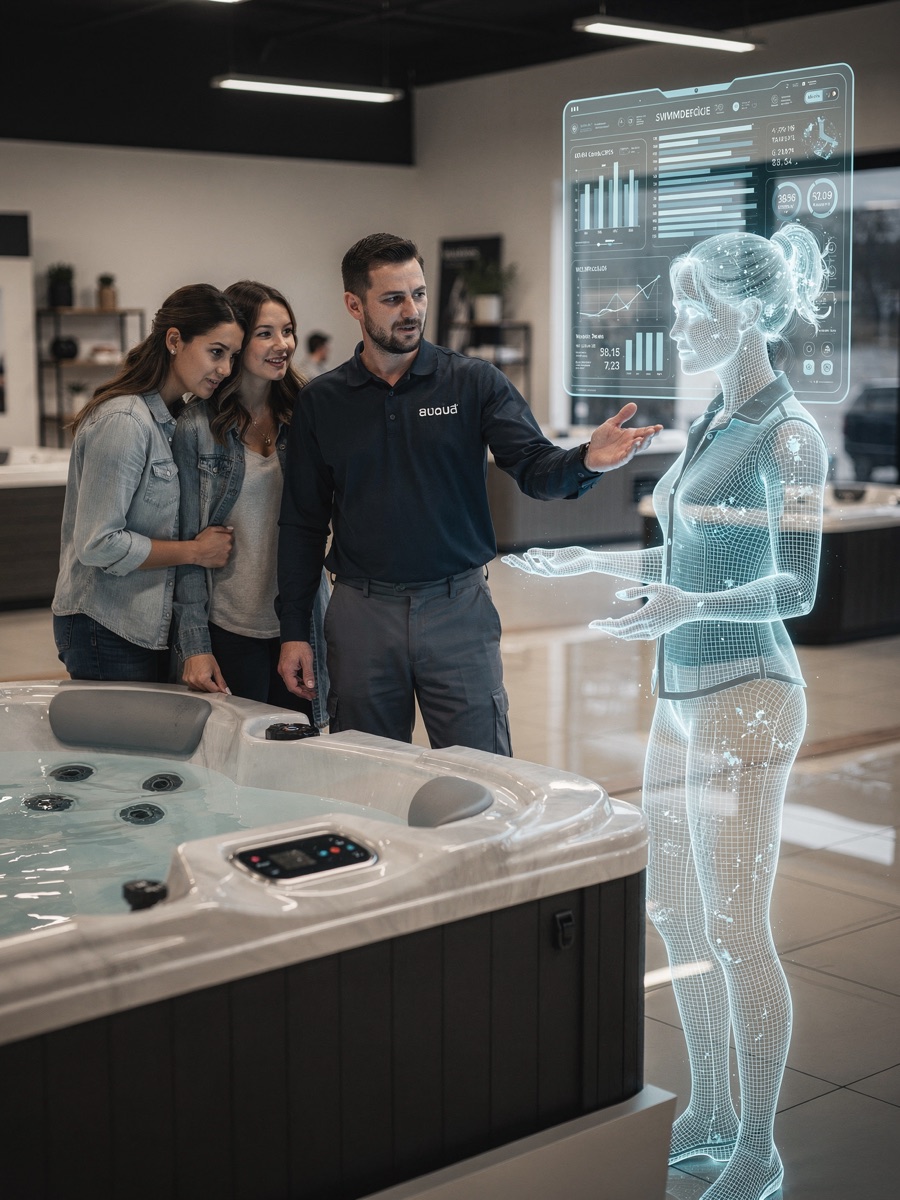 A translucent holographic JARVIS coworker beside a showroom associate and customers on the floor, floating specification and pricing cards