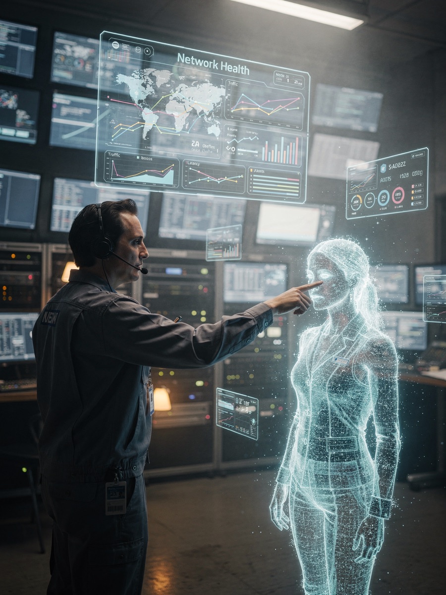 A translucent holographic JARVIS coworker beside a field-operations supervisor in a control room, a floating network-health dashboard