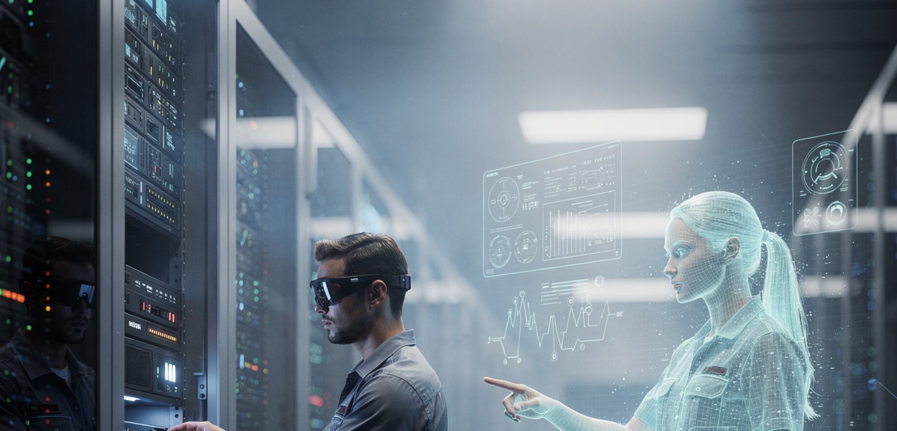 A service technician in smart glasses installs equipment with both hands while a holographic JARVIS coworker, dressed as a service tech, coaches him through it in an AI data center