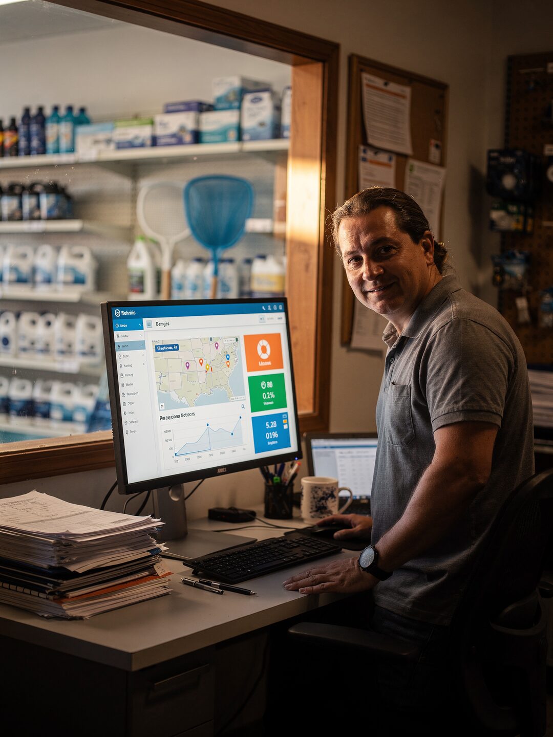 A business owner reviewing a JARVIS network dashboard on a monitor