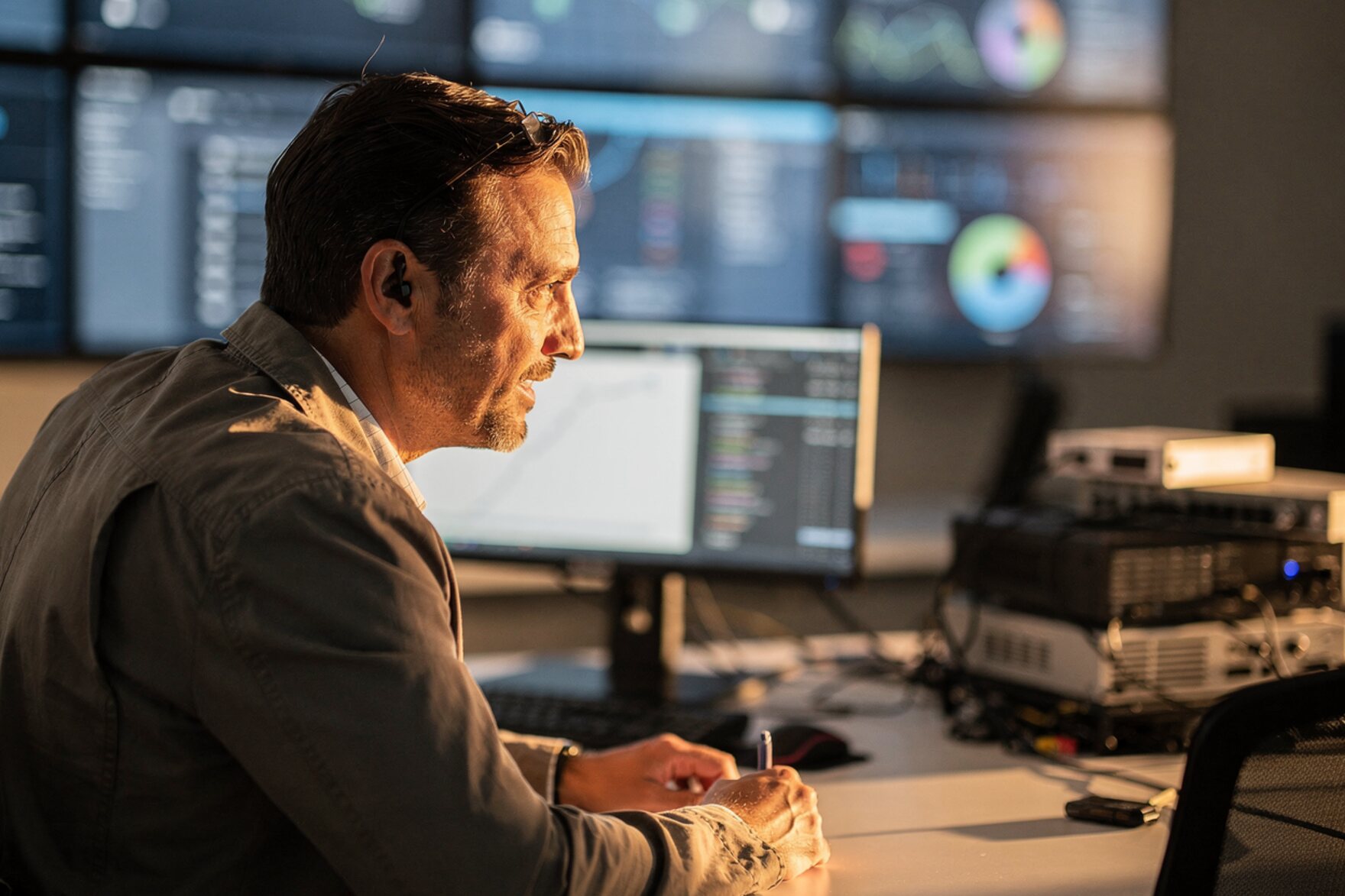 A field-service operations supervisor monitoring an aggregate JARVIS network dashboard