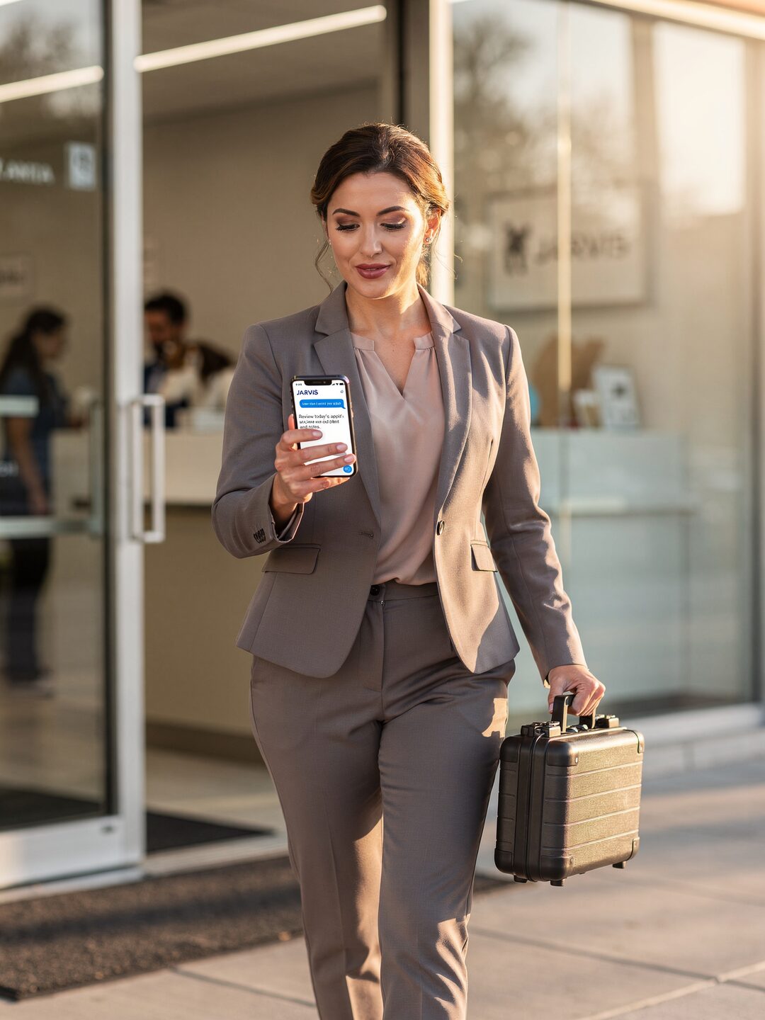 A field sales rep heading into a call, consulting JARVIS on her smartphone