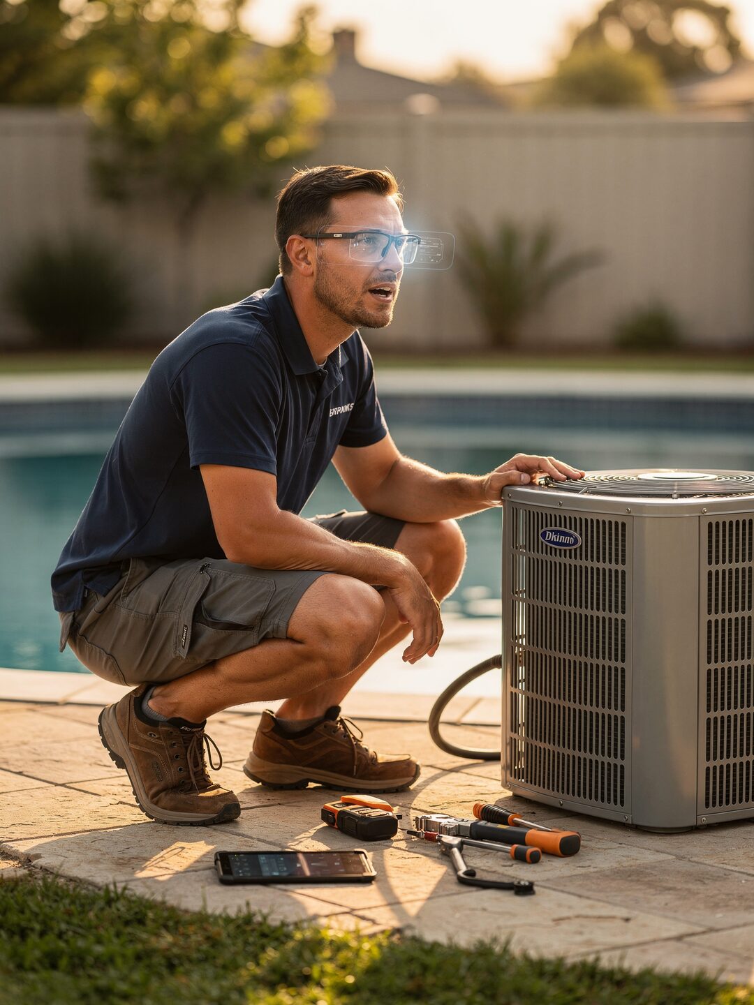 A service technician wearing smart glasses repairing equipment, hands-free with JARVIS