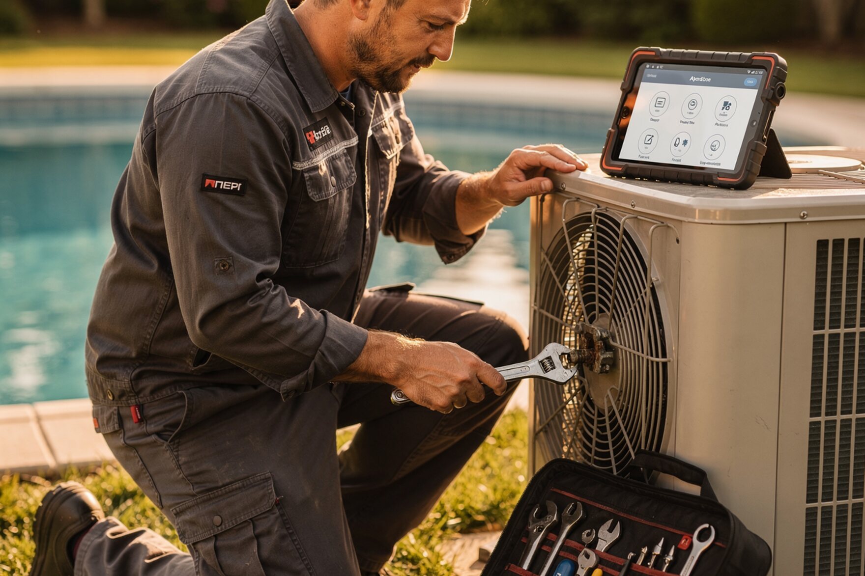 A service technician repairing equipment in the field, consulting JARVIS on a tablet