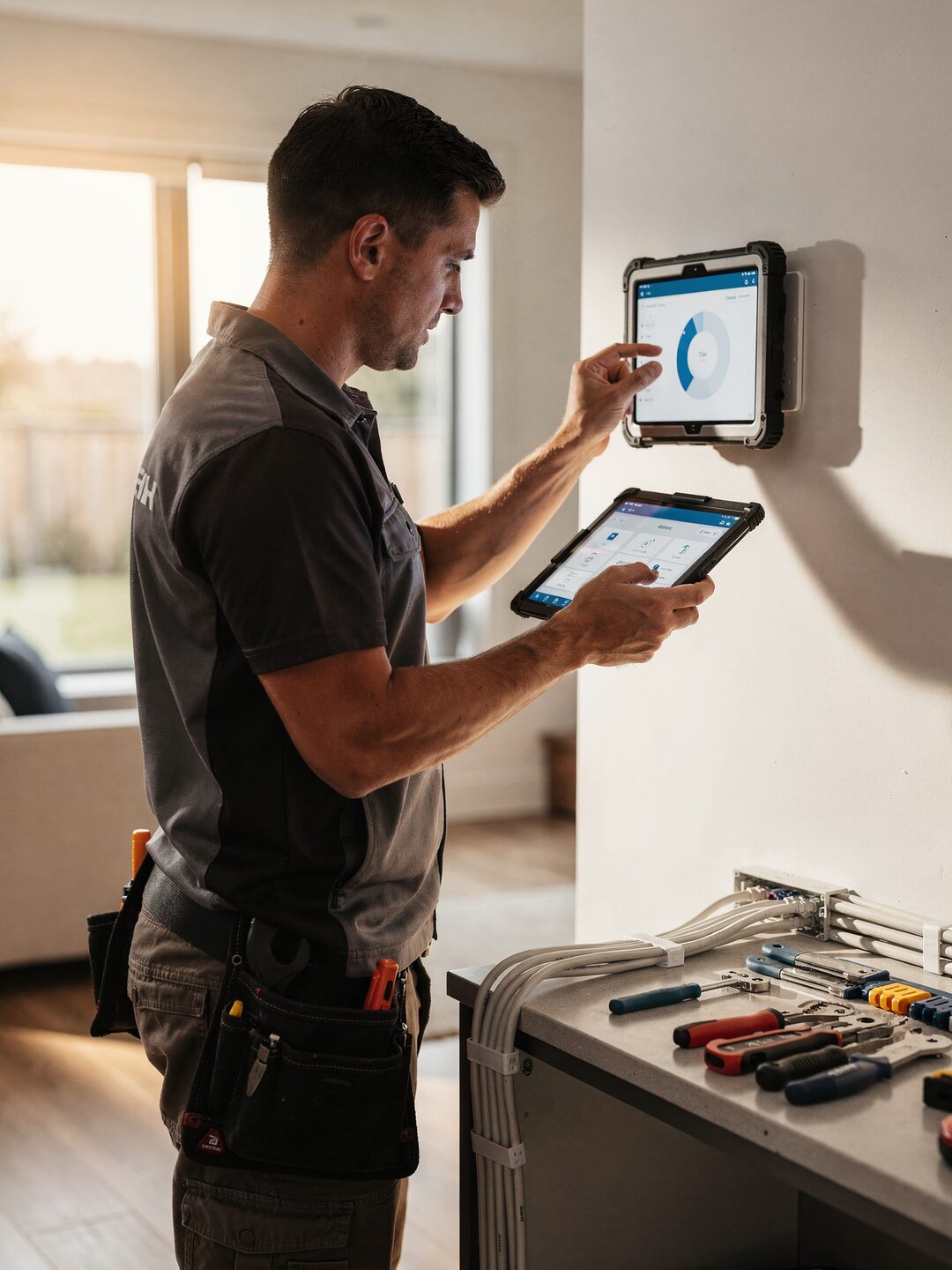 A technician configuring a connected-home system with JARVIS on a tablet
