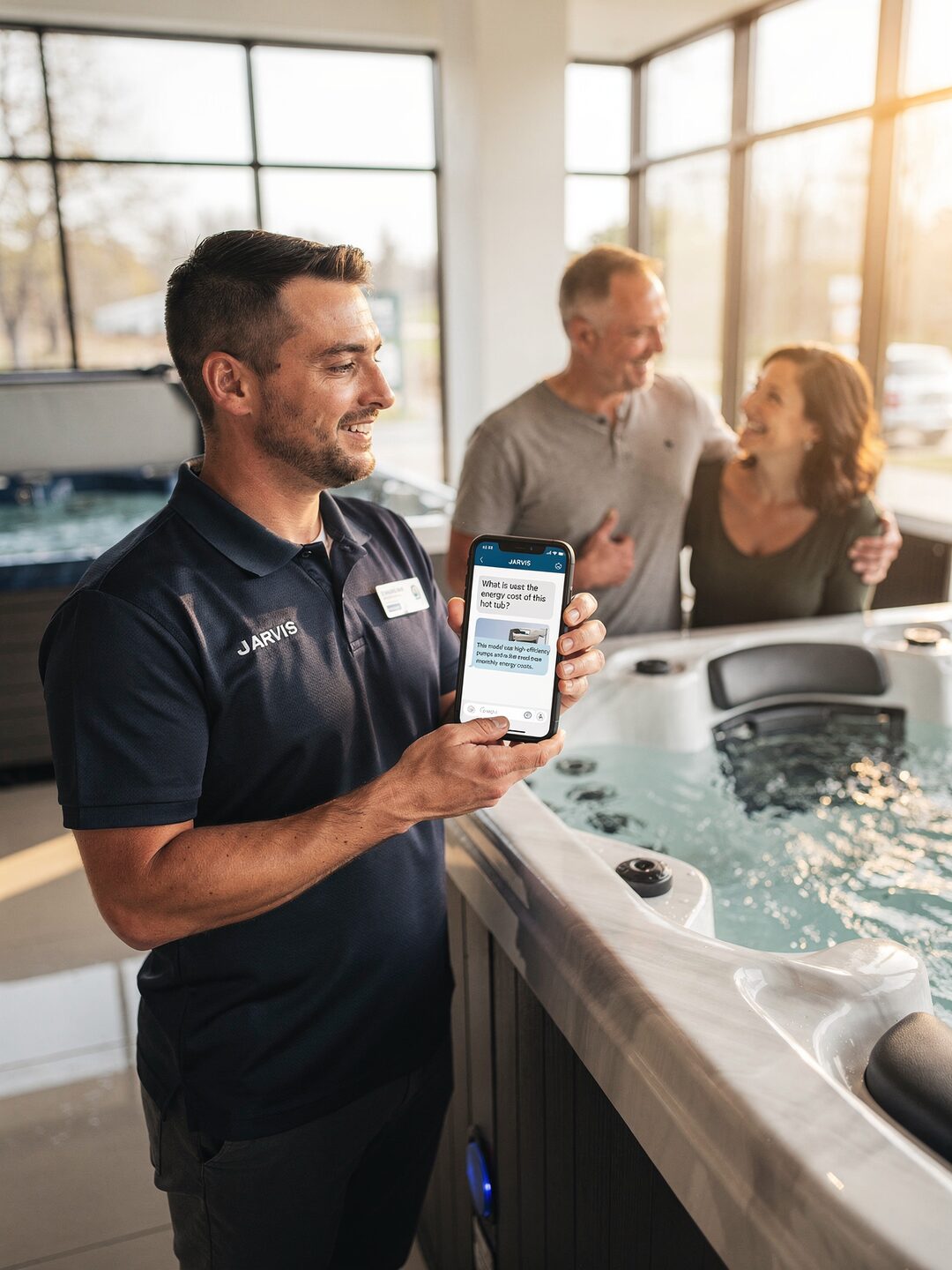 A showroom associate showing customers a product, consulting JARVIS on a smartphone