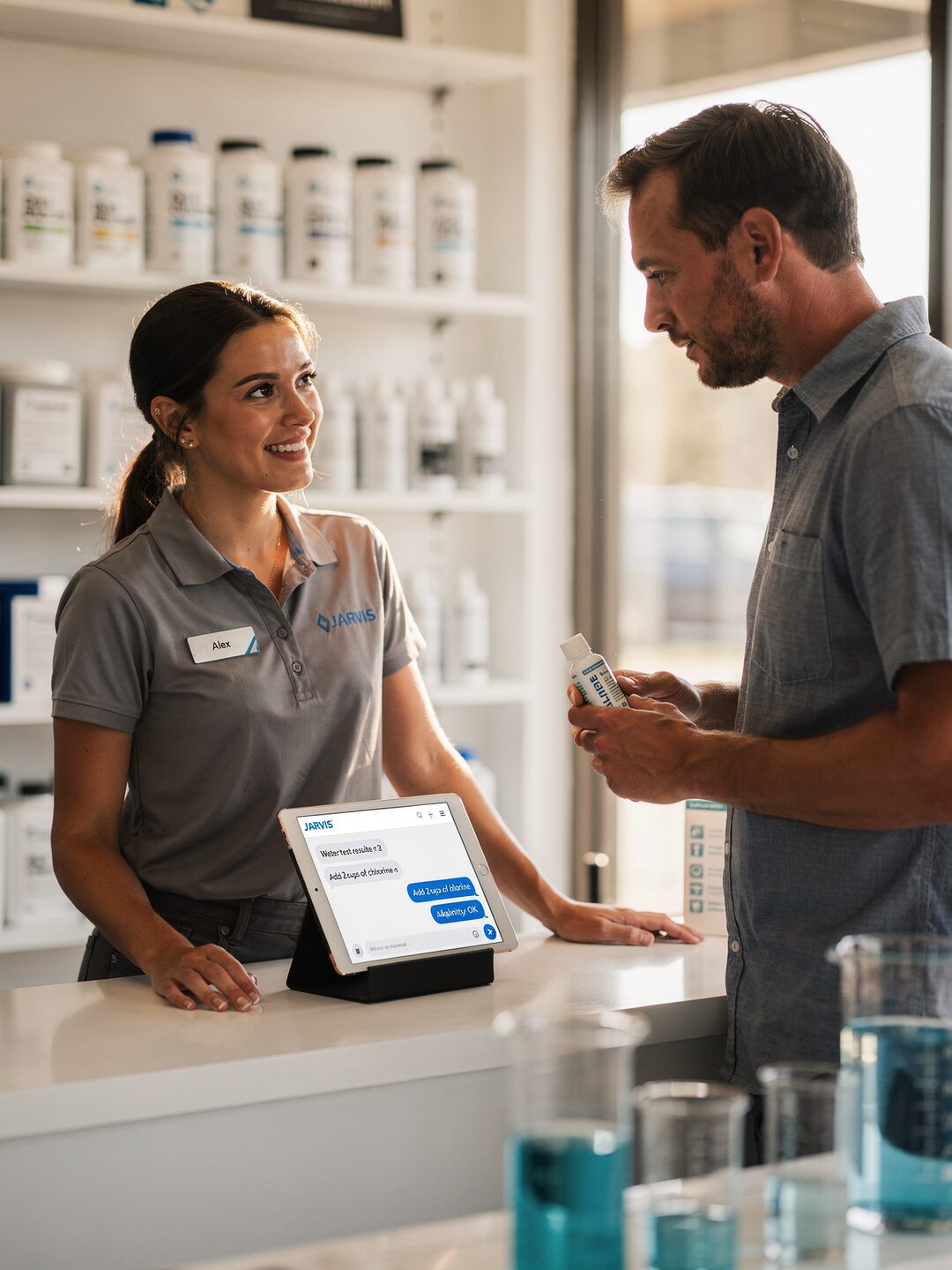 A retail associate and customer at a store counter with JARVIS on an iPad