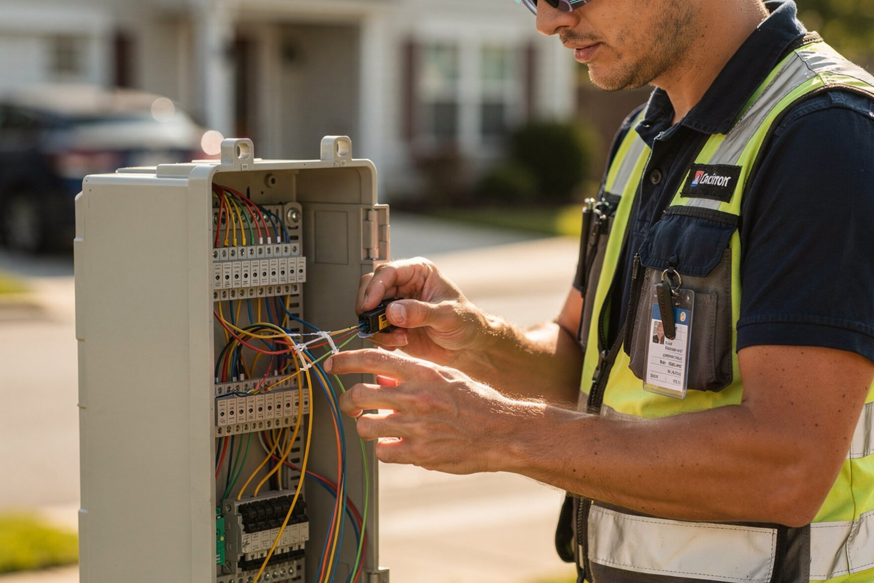 A field technician in smart glasses working hands-free with JARVIS at a network junction box
