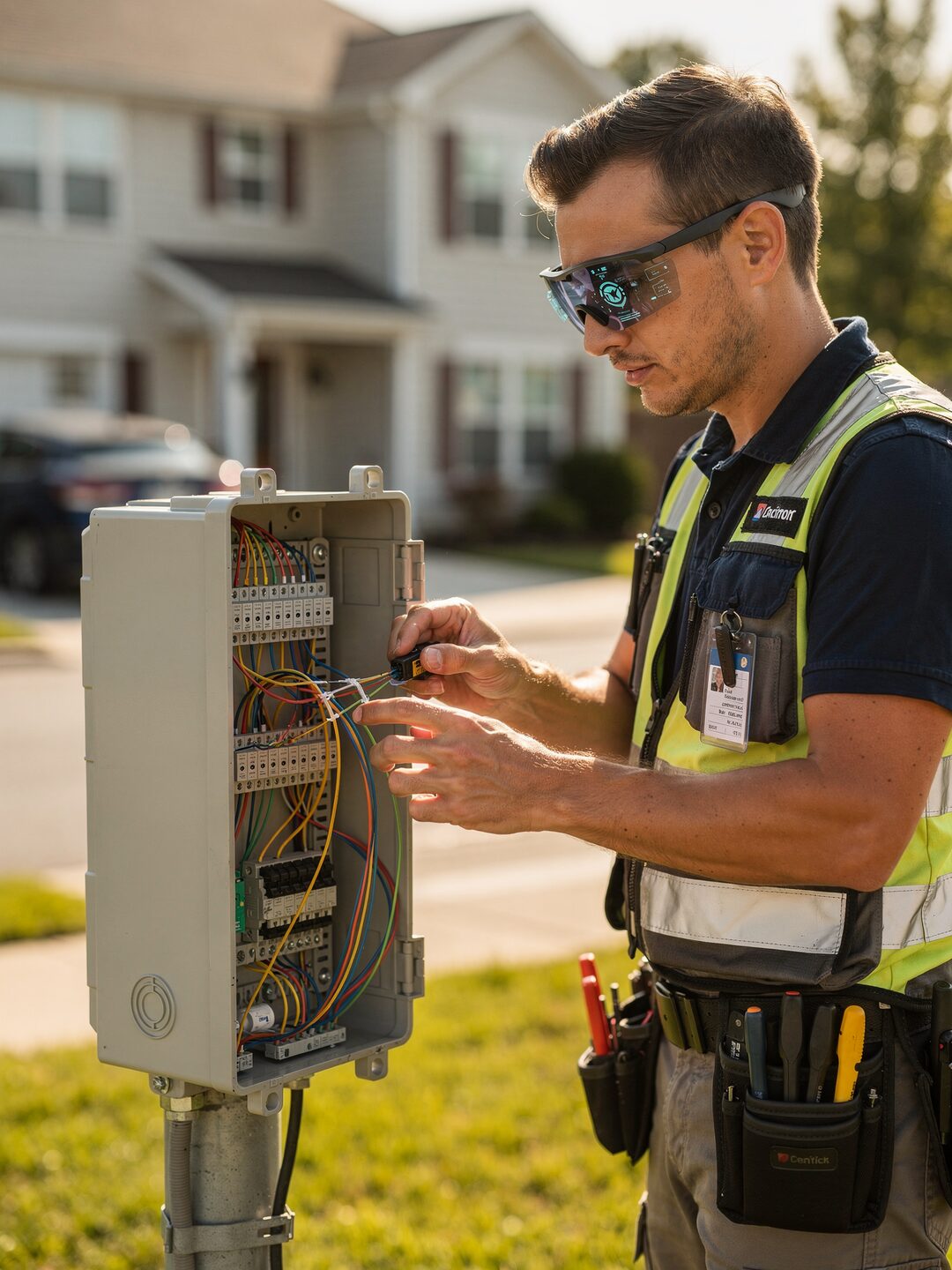A field technician wearing smart glasses working hands-free with JARVIS
